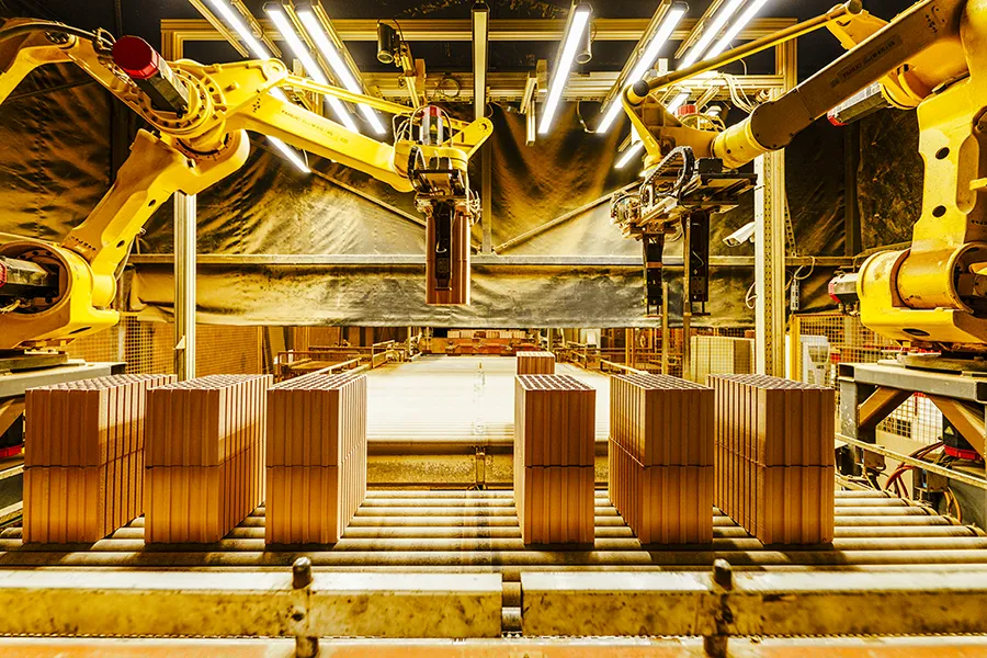 Robotertechnik und Produktionsautomatisierung im industriellen Umfeld. Poroton-Produktion